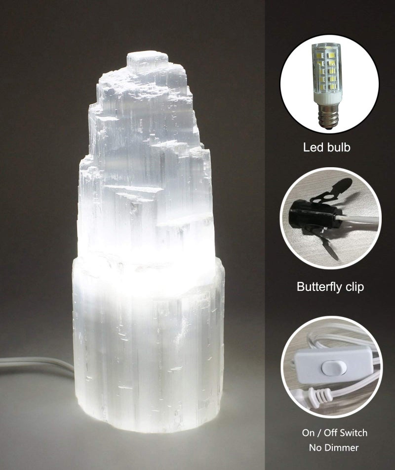 AMOYSTONE 8" Natural Selenite Crystal Lamp White Gemstones Skyscraper Tower Healing Lights Small, Include Led Bulb Switch - Image 4